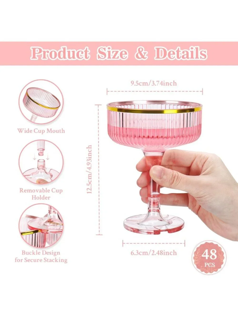48 Pack Pink Champagne Glasses - 7oz Stackable Gold Rim Coupe for Parties